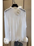 Yipinpay Button Shirts Top Temperament 3D Flower Sunscreen Shirt Transparent Blusas Mujer Thin 2023 Spring Blouses White Tops