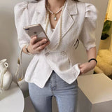 Yipinpay Puff Short Sleeve Slim High Crop Coat Double Breasted Cardigan Femme Suit New Y2k Chaquetas Mujer White Tweed Jacket