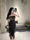 Yipinpay Sexy Dresses Women Lace Patchwork Floral Vintage Elegant Split Sleeveless Slim Black Party Dress Ladies Temperament