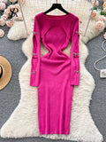 Yipinpay 2024 Autumn Knitted Chic Dress O Neck Hollow Out Long Sleeves Bows Decoration Solid Women Slim Fit Bodycon Party Dress