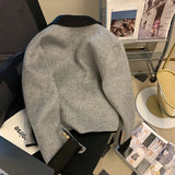 Yipinpay Grey Quilted Coats Vintage Women Clothing Contrast Lapel Woolen Jacket Autumn Winter Coats Harajuku Jaquetas Chaqueta