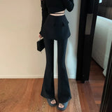 Yipinpay Chic Women Pants Fake Two Piece Patchwork High Waist Slim Flare Pants Black Streetwear Female Fashion Long Trouser
