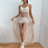 Yipinpay Summer Women Cover Up Dress Sleeveless Square Neck Beach Holiday Sequined Split Midi Beach Smock Skin-Friendly Comfortable