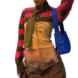 Yipinpay Women Sun-protective Crop Tops Sweater Spring Autumn 2023 y2k Clothes Contrast Color Long Sleeve Round Neck Patchwork Cardigan