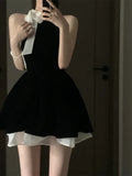 Yipinpay Sexy Dress Woman Bow Bandage Sleeveless Slim Patchwork Black Mini Dresses Puffy Elegant Vintage Ladies Summer Fashion