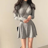 Yipinpay Slim Sexy White Turtleneck Dress Women Above Knee Vestidos De Mujer Irregular Ruffles Casual Black Grey Women Dresses