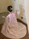 Yipinpay Sweet Dresses Women Bow Bandage French Style Chic Sleeveless Elegant Loose Summer New Female Dress Pink Chic