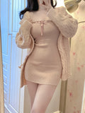 Yipinpay Winter Long Sweater Cardigan + Bodycon Y2k Mini Skirt Pink Kawaii Knitted Dress Set Korean Fashion Sexy Slim Suit Woman