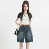 Yipinpay Waisted Denim Shorts Women Summer Korean Fashion Y2k Bottoms White Retro Blue Black Jeans Knee Length Female Jean Short