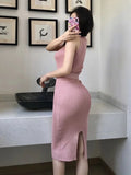 Yipinpay Temperament Sexy Slim Single-breasted O Sleeveless Stretch Knitted Bag Hip Dress Women Split Mini Fashion Bottom Wild Autumn