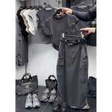 Yipinpay Women Skirts Suit American Retro Slim Sleeveless T-shirt Top High Waist Cargo Long Skirt Two Piece Set Women Outfits