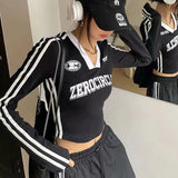 Yipinpay Grunge Y2k Slim T Shirt Women Acubi Fashion Side Stripe Kpop V-Neck Long Sleeve Crop Top Vintage Korean Streetwear