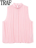 Yipinpay Pleated Chiffon Blouses Women Sleeveless Pink Top Female Loose Summer Blouses Woman 2023 Fashion Elegant Chic Woman Top