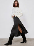Yipinpay Elegant Slit Black Satin Skirts Women Spring 2023 Flowing Button Skirts Zipper Office Ladies A-Line Chic Dress Silk