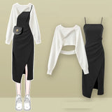 Yipinpay Women's fashion cut-out sweater+suspender Skirt two-piece set Korean Elegant New in Matching Set 2024 Spring Summer Dress Suit