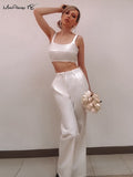 Yipinpay Cotton Linen Women Summer Outfit Sleeveless Crop Top And Palazzo Pants 2 Piece Set Female Midriff Top Pants Suits
