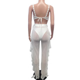 Yipinpay Hollow-Out Sexy Women's Solid Color Mesh Nail Beaded Wooden Ear Edge Three-Piece Set Fashion See Through Suit