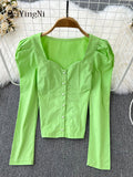 yipinpay Women's Sexy Shirts Long Sleeve Vintage Y2K Square Collar Elegant Slim Blusas Ladies OL Trendy Ruched Crop Top Female