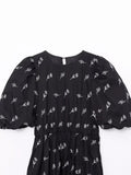 Yipinpay New Fashion Women Floral Embroidery Black Midi Dress Vintage Puff Sleeve O Neck Female Dress