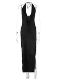 Yipinpay MO Deep V-Neck Lacing Hollow Out Women Elegant Halter Backless Slip Maxi Dress For Femme Side Split Slim Party Night