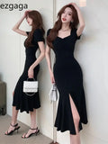 Yipinpay Temperament Dresses Women Square Collar Split Solid French Style Chic Slim Stretch Sexy Dress Spring Female Casual