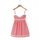 Yipinpay 2024 Women Lace Spliced Plaid Sling Mini Dress Sexy Sleeveless Back Lacing Up Ladies Party Skater Robe Summer Dresses