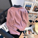 Yipinpay Women's Spring Autumn Sweater 2024 New Elegant Grey Lapel Long Sleeve Single Breasted Slim Fashion All-Match Short Coat