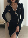 Yipinpay White Patchwork Knit Maxi Dress For Women Slim Lace-Up High Waist Split Elegant Party Dress Fashion Lapel Knitwear Dress
