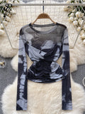 Yipinpay Europe Long sleeved Mesh Sheer T-shirt Fashion Skinny Temperament Office Lady Blouse O Neck Pleated Tie Dye Print Top
