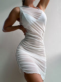 Yipinpay Women Maxi Dress Beachwear One Shoulder Mesh Swimwear Cover Ups Travel Outfit Sundress Sexy Short Beach Dress Bodycon