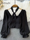 Yipinpay Woman's Blusas Korean Vintage Square Collar Long Sleeve Chiffon Blouses Women Back Elastic Kawaii Crop Top White Shirt
