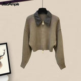 Yipinpay Women's Autumn Winter New Polo Neck Knitted Sweater Slim Jeans Two Piece Korean Elegant Zipper Cardigan Denim Pants Matching Set