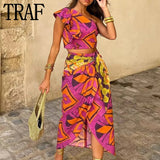 Yipinpay 2023 Print Midi Skirt Women Knot High Waist Slit Summer Skirts Sets Stylish Long Skirts For Women Vintage Boho Beach Skirt
