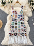 Yipinpay 2024 Sunmmer Knitted Dress Hook Flower Hollow Out Tassel Women Slim Streetwear Original Design Fashion Vintage Dress