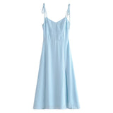 Yipinpay Women French Style Light Blue Front Slit Sling Dresses Sexy Sleeveless High Waist Female Holiday Summer Chiffon Dress