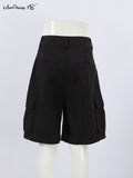 Yipinpay High Waisted Cargo Shorts Women Double Pocket Pleated 2023 Summer Casual Shorts Solid Straight Lady Pink Wide Shorts