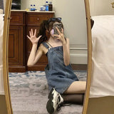 Yipinpay Korean 2000s Fashion Denim Dresses for Large Women Plus Size Summer Casual Teen Strap Retro Jeans Loose Overall Dress Women