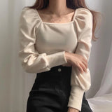 Yipinpay Velvet 2023 Shirts for Women Chic Square Pleated Puff Sleeve T-shirt Solid Wild Black Knitwear Thin Sweaters Tee Top