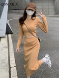 Yipinpay Autumn 2023 New Women's Skirt Suit Vintage Sexy Elegant Fashion Short Long-sleeved T-shirt Top and Midi Skirt 2-piece Set