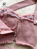 Yipinpay Denim Pink Sexy Women Sets Zipper Sashes Button Pocket Irregular Strapless Backless Top Denim Skirt Two Piece Set