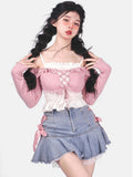 Yipinpay Kawaii Denim Mini Skirt Women Sexy Gyaru Pink Bow Bandage Lace Patchwork High Waist Pleated Jean Skirt Y2k Shorts Summer