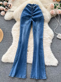 Yipinpay American Retro Women Long Jeans Drawstring Zipper Design Flare Britches Streetwear Vintage Hotsweet Ins Denim Pants