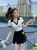 Yipinpay Girl Sports Suit Women's Turn-down Collar Casual Color Matching V-neck Top Split Shorts Two-piece Set Fashion Female Clothes