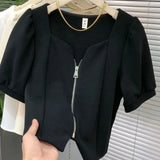 Yipinpay Mujer De Moda Square Crop Top 2023 Shirts for Women Zipper Blouse Chemise Femme Short Sleeve Casual Black White New