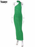 yipinpay Green Elegant Halter Sexy Backless Pearl Chain Sleeveless Bodycon Long Dresses Women 2023 Summer Beach Party Casual Dress