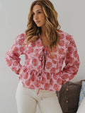 Yipinpay Floral Printing Peter Pan Doll Collar Shirts For Women 2024 Summer Long Sleeve Lace Up Blouse Female Street Lady Chic Tops