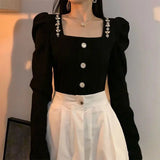 Yipinpay for Women Palace Style Puff Sleeve Waist Style Retro Square Long Sleeve Shirt Women Black Top Rhinestone T Shirt Blouse