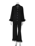 Yipinpay Feather Cuffs Pants Sets Of Two Fashion Pieces For Women Sleepwear Notched Shirts And Wide Leg Pant Homewear Outfits