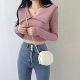 Yipinpay Sexy Crop Tops High Waist Slim Long Sleeve Pink Tshirt Women Wild Knitted White Tee Korean Striped Blouse Shirt T-shirts