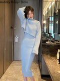 Yipinpay Sweet Knitted Dress Women Winter Korean Vintage Chic High Collar Sweater Dress Casual Slim 2 Piece Sets Womens Outfits